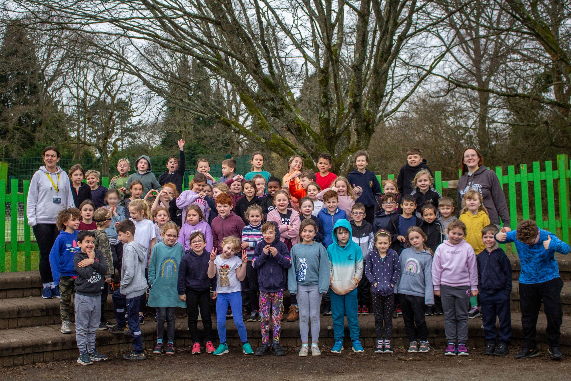 Year 3 meet outside, ready to throw paint